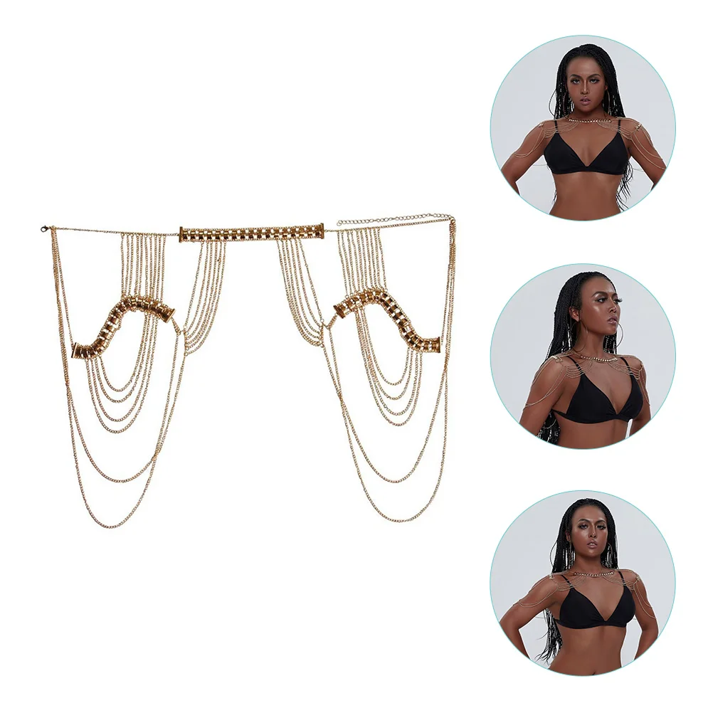 

Girls Jewelry Double Shoulder Tassel Chain Necklace Women Rhinestones Golden Bikini Body Bride