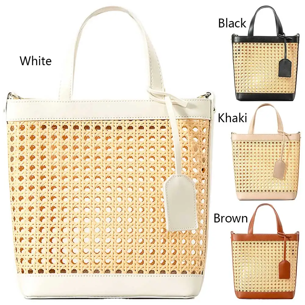 Women PU Rattan Tote Bag Trendy Commuting Bag Adjustable Strap Hollow Out Messenger Bag Zipper Closure for Outdoor Travel