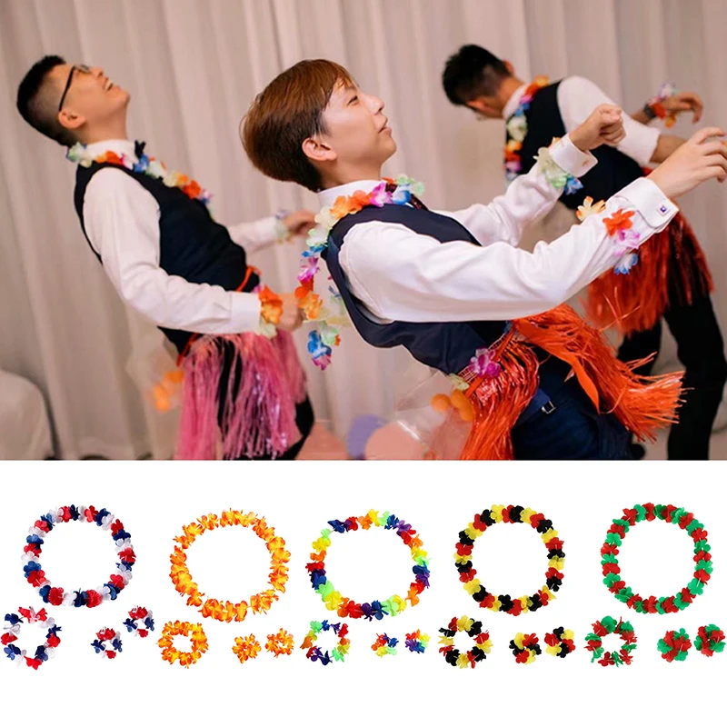 HUAHUAMake الحفلات الاستوائية لا تُنسى مع 4 قطعة/المجموعة هاواي زهرة اصطناعية Leis وقلادة وإكليل وعصابة الرأسHUAHUA