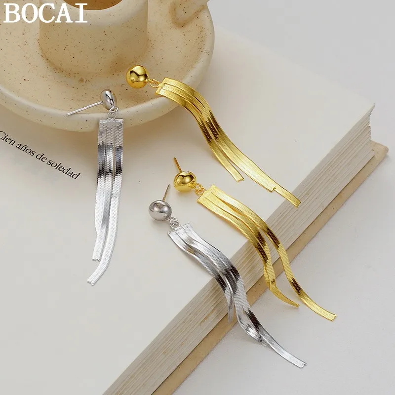 

BOCAI New S925 Sterling Silver Fashionable And Personalized Long Tassel Blade Snake Bone Chain Earrings