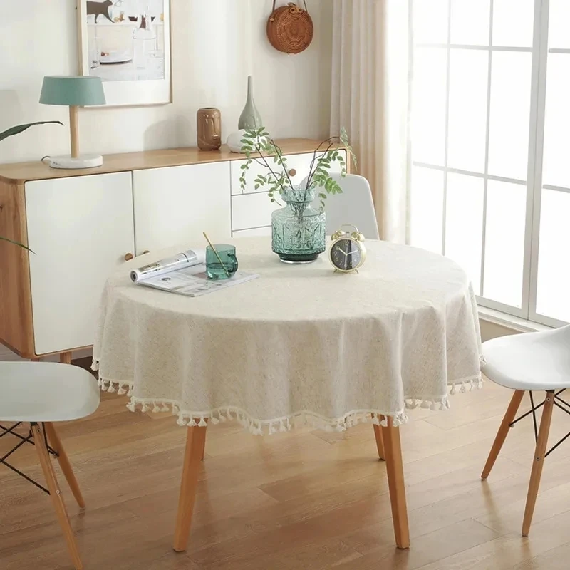 Small Fresh Style Plain Flax Tablecloth Round Living Room Decor Tablecloth With Tassels Ins Style Home Tablecloth Cover Towel