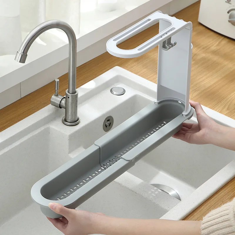 Telescopic Sink Drain Rack Soap Sponge Holder Self Adhesive Kitchen Paper Towel Holder Punch Free Roll Kitchen Acces