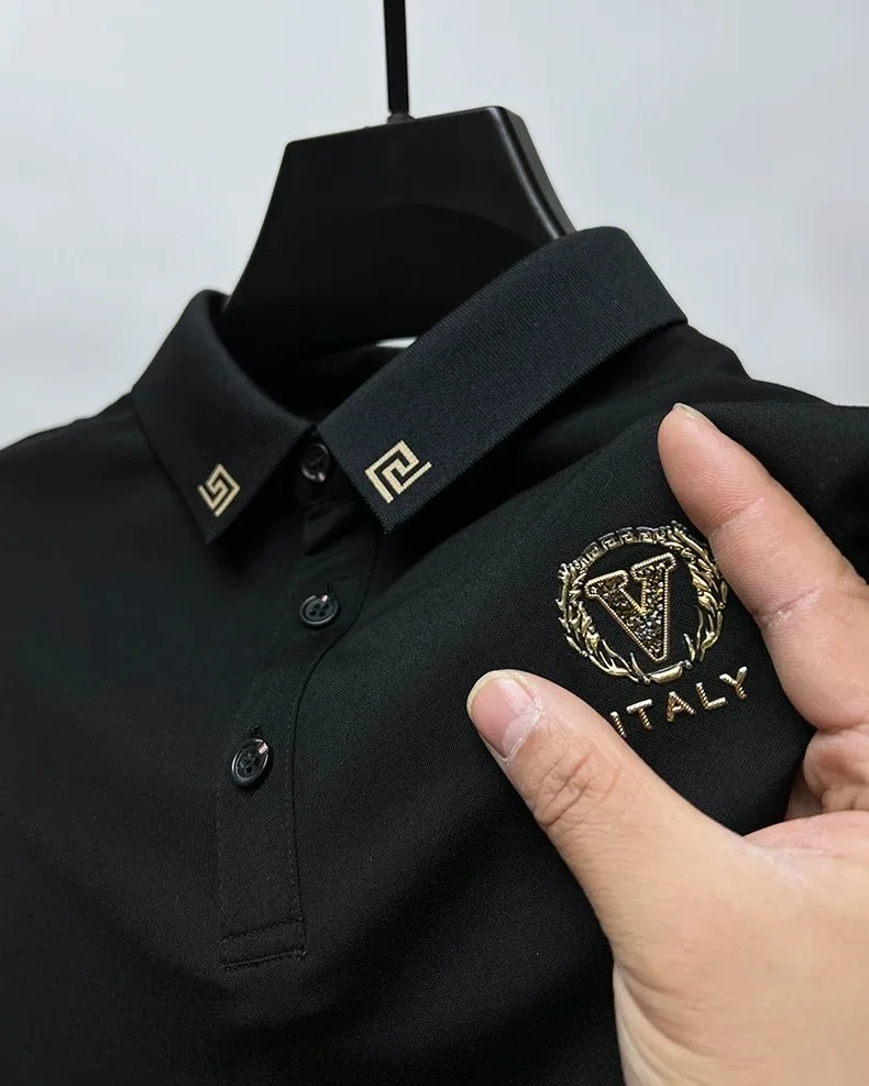 Summer High-end Brand Designer Light Luxury Printed Polo Shirt Short Sleeved Lapel Casual Ice Silk Breathable Men\'s Clothing