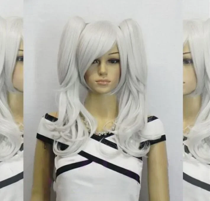 free shipping Women cosplay Long straight wavy silver white two clip-on ponytail hair full wig