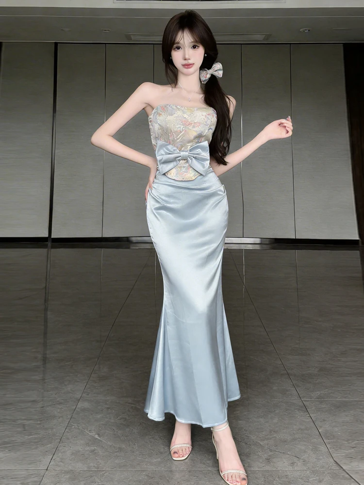 

Elegant Floral Knot Tube Top Tank Sexy Satin Wrap around Fish Tail Skirt Set Sweet Style Summer Collection for Teens