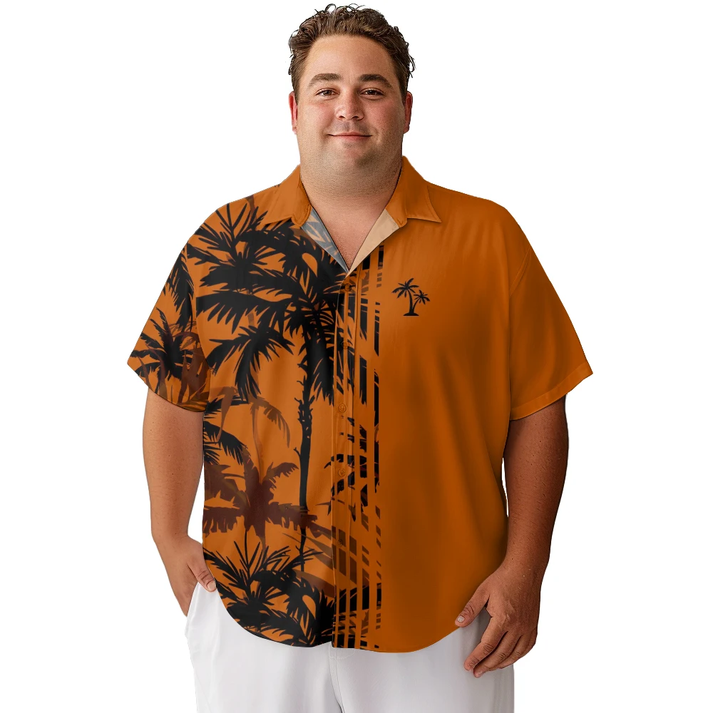 2024 new  Men's shirts plus size White coconut tree with brown base printed clothing casual short-sleeved