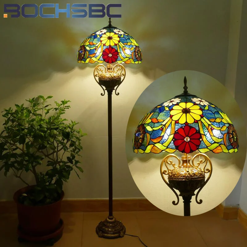 BOCHSBC Tiffany style stained glass 20 inch retro floor lamp standing lamp for study living room hotel bedroom lamp LED decor