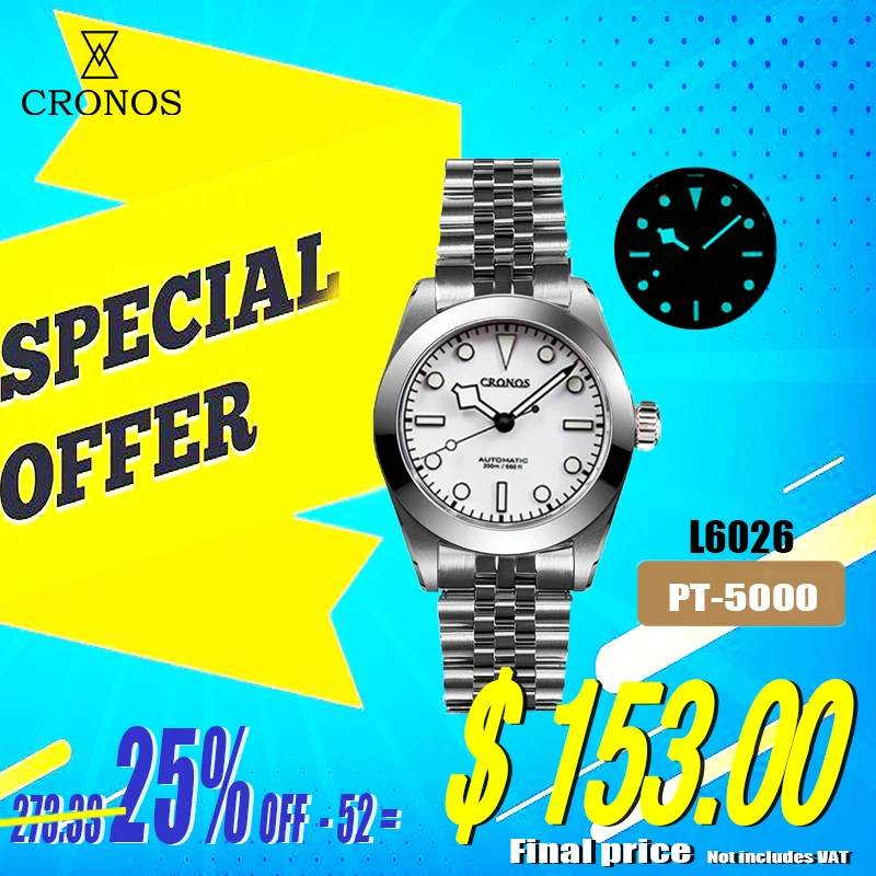 

Cronos BB39 Mechanical Men‘s Watches 39mm Automatic PT5000 SW200 Snow Hands Sapphire Glass Bushed Bracelet 20ATM L6026M