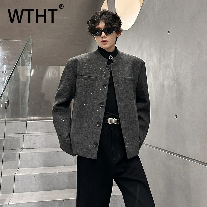 

WTHT Fashion Men's Splcied Sequins Chinese Style Blazer Coats Trendy Stand Collar Long Sleeves Jackets Male 2025 Autumn 2A2178