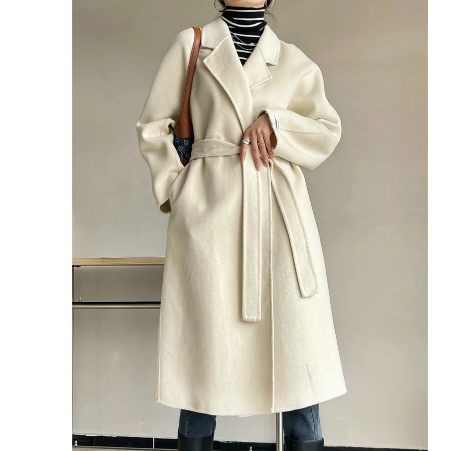 

2024 Women Autumn Woolen Coats Turn Down Collar Winter Cashmere Coat With Belt Vintage Women Long Coat Veste Femme Tops