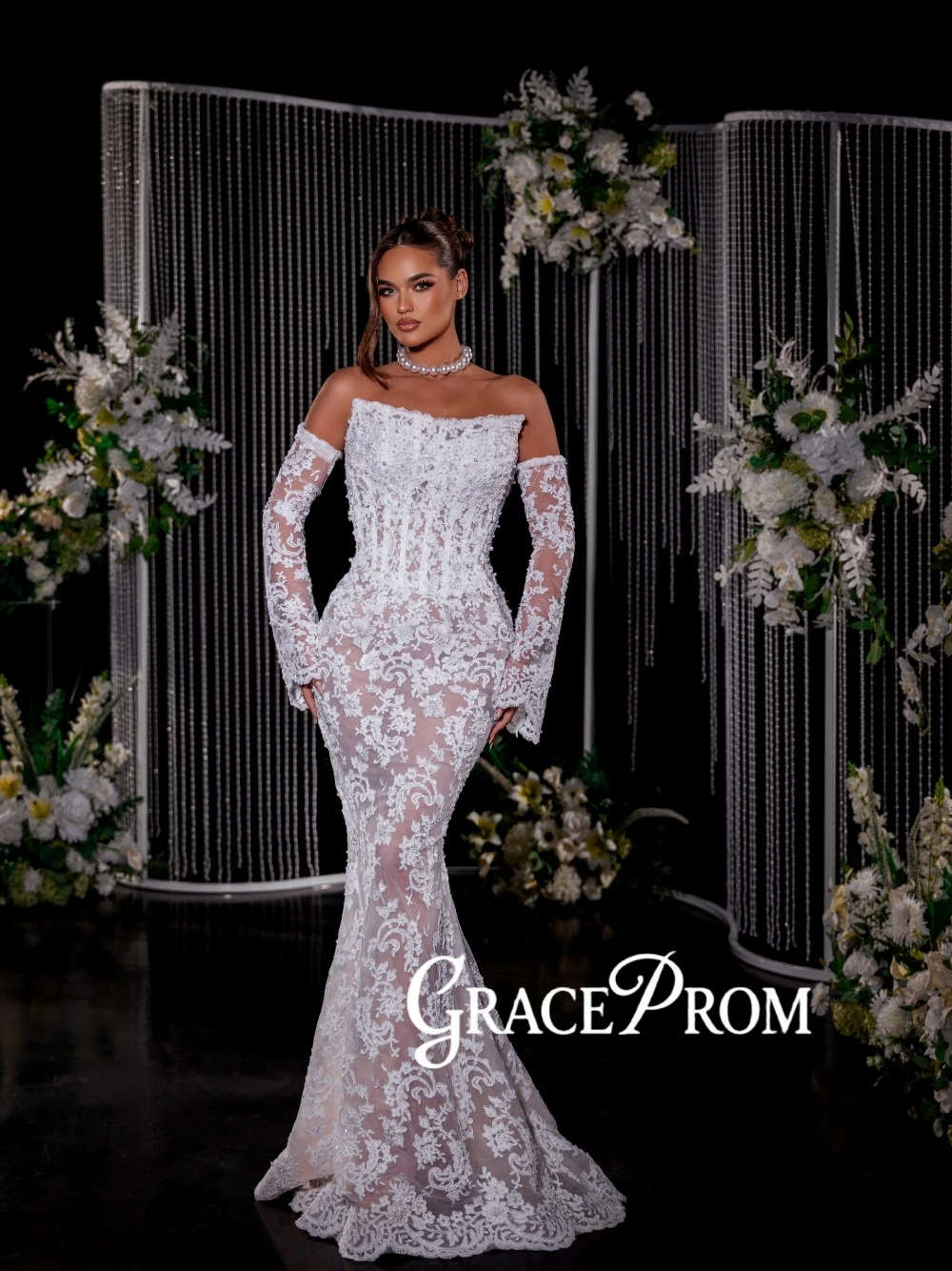 

Фэнтезийное свадебное платье с кружевной аппликацией, стильное свадебное платье с открытыми плечами по индивидуальному заказу, привлекательное романтическое платье русалки с жемчугом