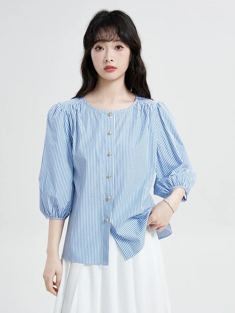 

Vintage Women's Blouses Chiffon Shirts Fashion Loose Summer O-neck Korean Clothing Short Sleeve Striped Women Tops
