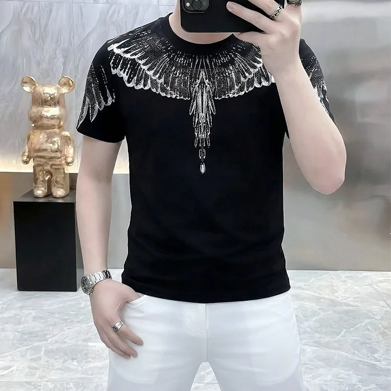 Luxury Rhinestone Wings Short Sleeved T-shirt for Men Ice Silk Breathable Casual Social Round Neck Tshirts Streetwear Tops M-4XL
