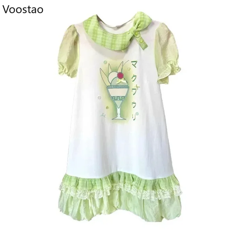 Vintage Süße Lolita Stil Kleid Frauen Japanische Kawaii Spitze Rüschen Party Mini Kleider Koreanische Nette Print Puff Sleeve Fee Kleid