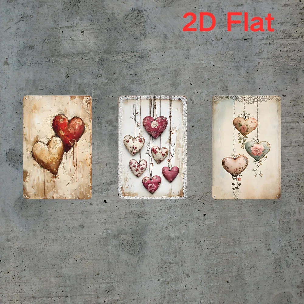 2D Flat, 3pcs Vintage Style Heart Metal Tin Signs Wall Art for Home, Cafe, Garage Rustic Decor | Ideal for Valentine'S Day, Anni