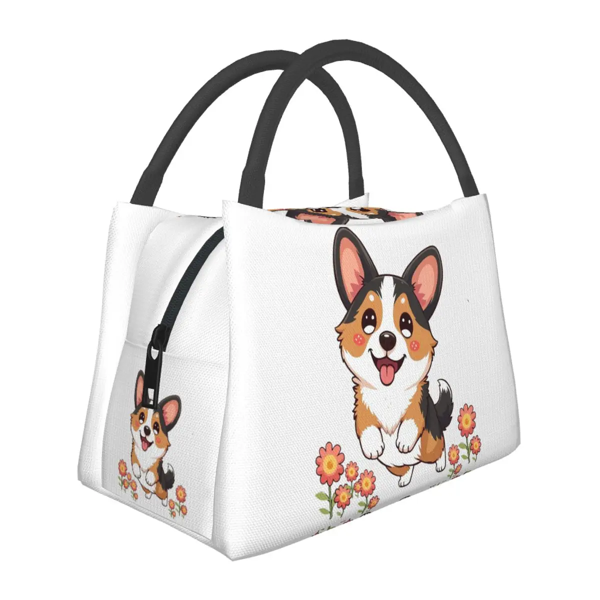 Kawaii Tricolor Corgi In The Garden Lightweight Handheld Insulated Lunch Bag Aluminum Foil Liner for Adults Travel Picnic