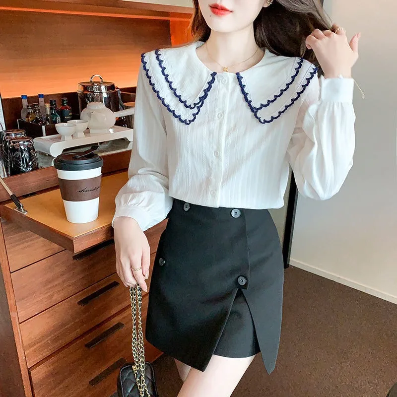 Szyfonowe Białe Koszule i Bluzki Damskie Styl Koreański Nowa Kolekcja 2025 Promocja Vintage Młodzieżowe Ubrania Zapinane na Guziki Damski Top