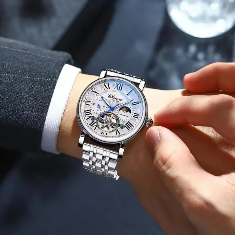 CHENXI 8873 Reloj mecánico totalmente automático avanzado de lujo para hombre, volante hueco, luz nocturna, reloj impermeable para hombre, regalo diario