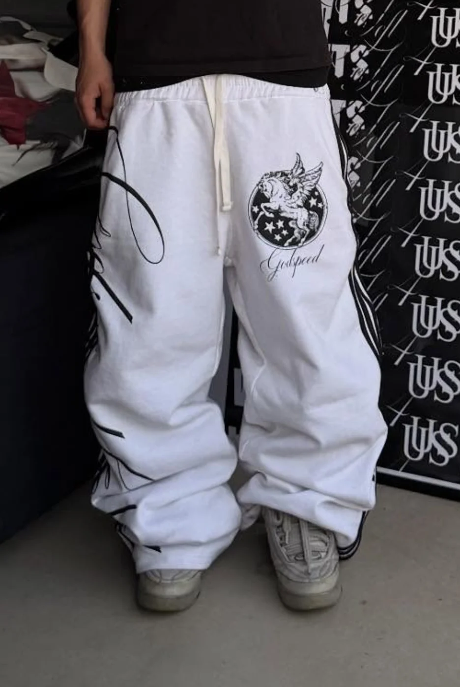 American retro Fashion Thorns Stripes Embroidery Loose Wide-Leg Pants Hip Hop Men Jogger Drawstring Sweatpants Cargo Trousers