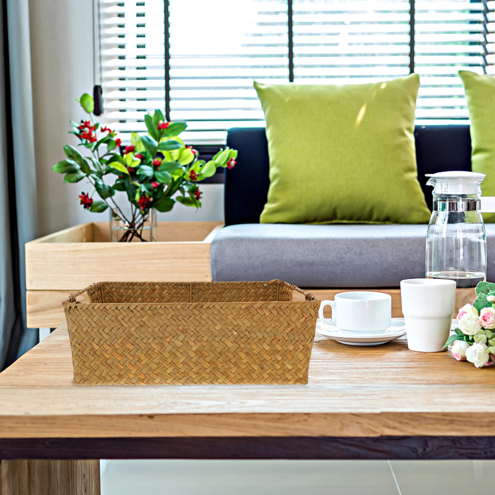 

1 шт. бамбуковая корзина для хранения, плетеная корзина ручной работы из морских водорослей, многофункциональная прямоугольная корзина для организации дома, прачечная, ванная комната