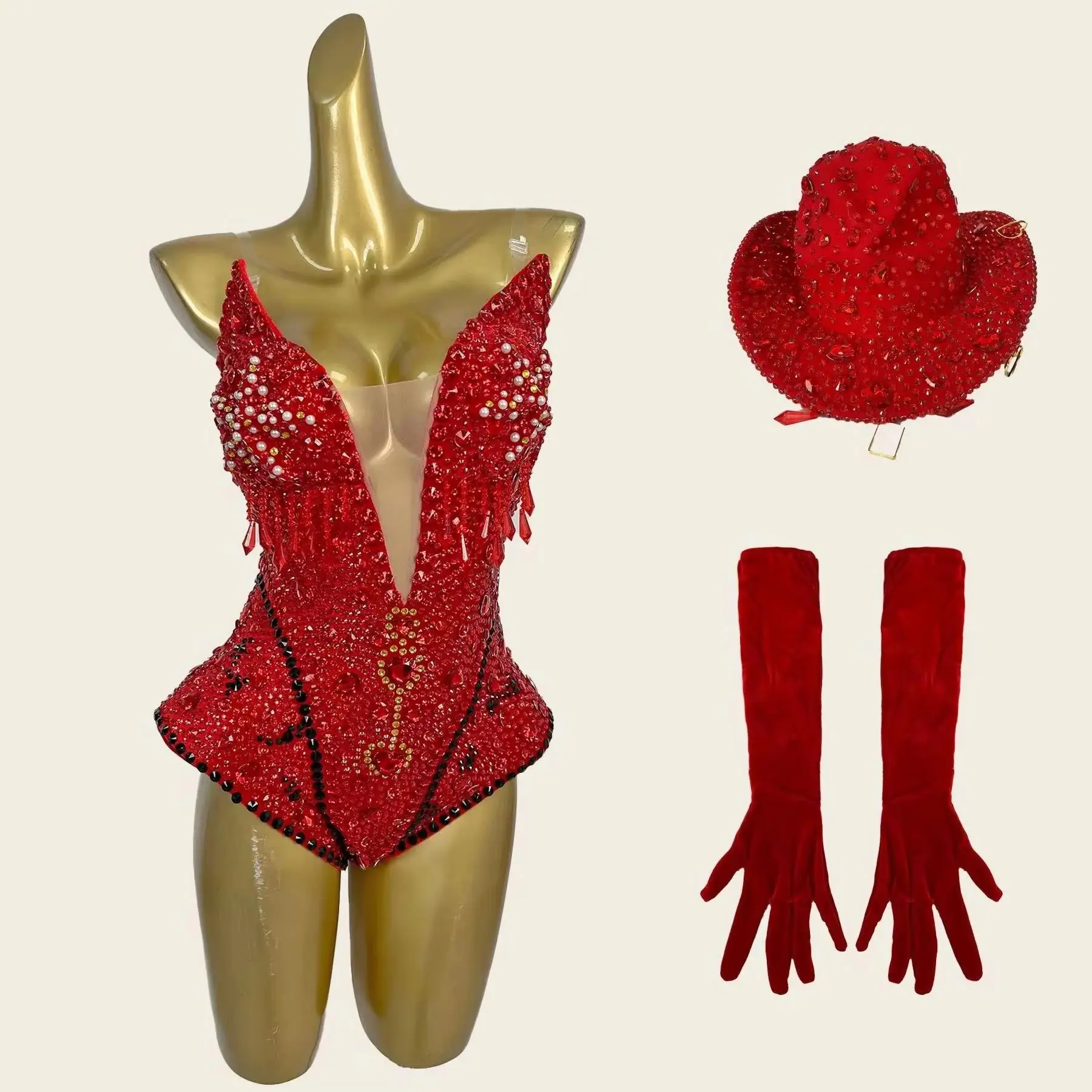 Cowboy Show Sparkly Rhinestone Bodysuit With Hat Gloves Showgirl Dance Bar gig Drag Queen Performer Wear Party Outfit Qianwan