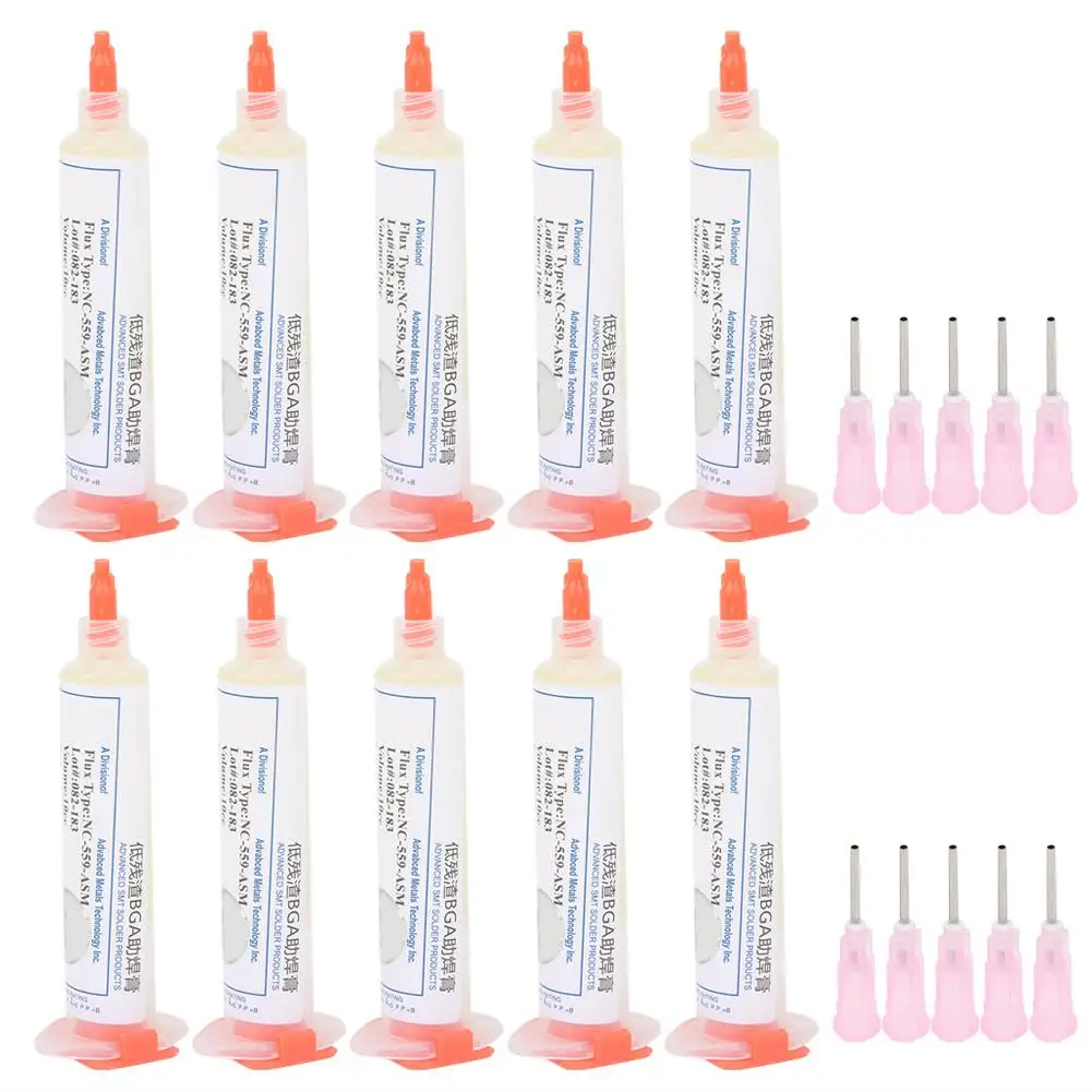 10Pcs NC‑559‑ASM Solder Paste Low Residue 50℃ Melting Point Welding Flux for PCB BGA Repair Tools with Needle