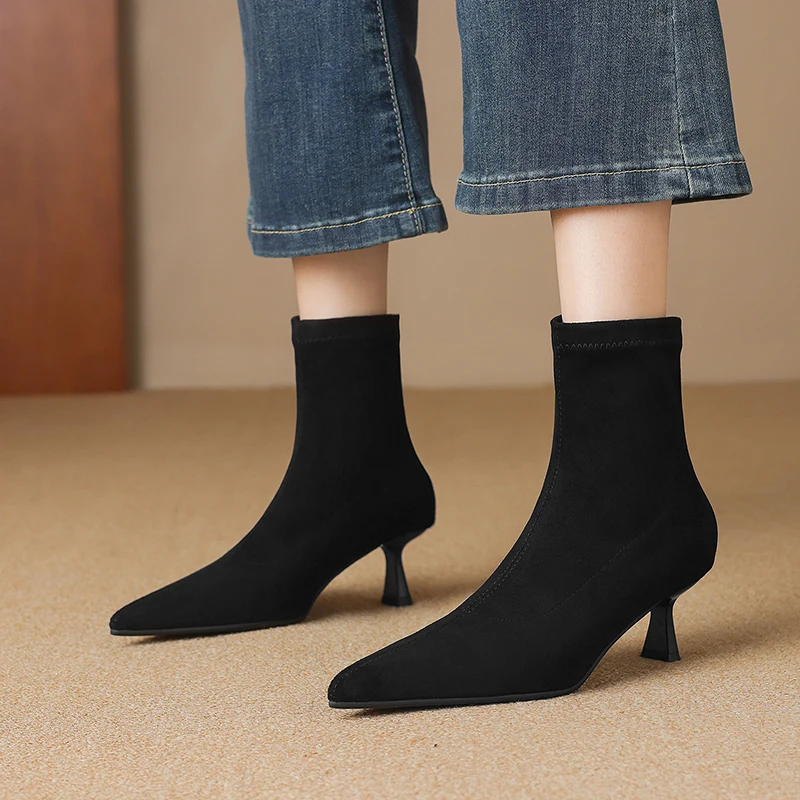 

Новинка 2026, осенне-зимние женские ботильоны, эластичные фланелевые короткие ботинки с острым носком, узкие ботинки на тонком высоком каблуке
