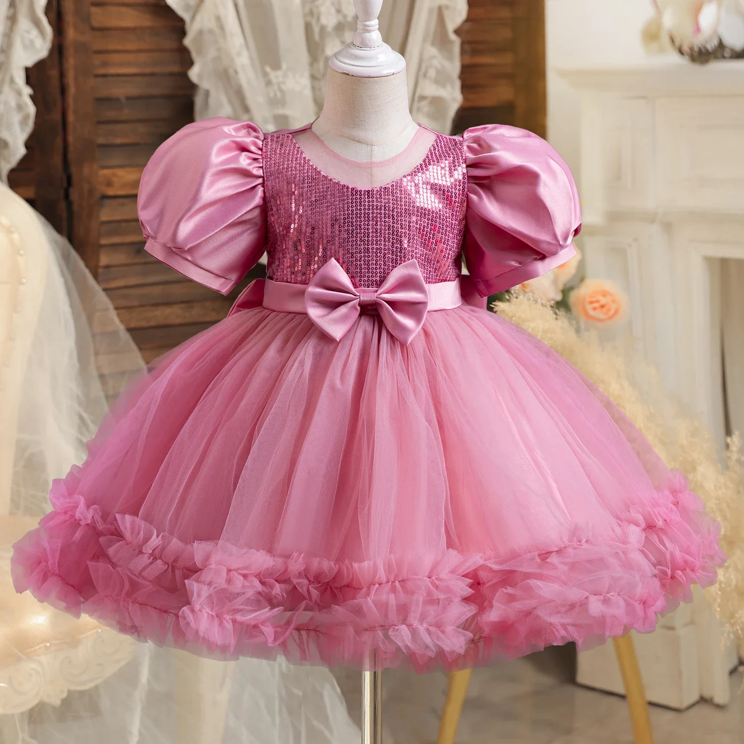 Summer Toddler Girl Dress Evening Bow manica a sbuffo Kid Princess Dress Baby Birthday Party Costume 1-5Y neonate abbigliamento per bambini