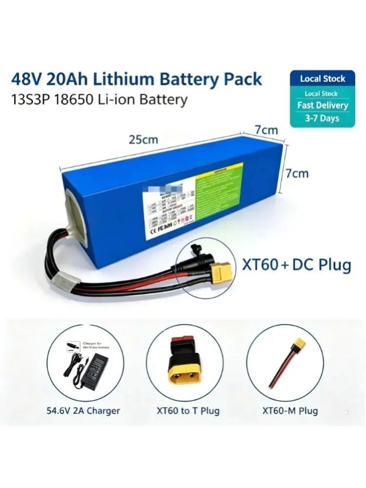 Neuer 48V 20Ah 13S3P 18650 Lithium-Akku mit BMS und 100% Kapazität |   Für 750W-1000W Motor Elektrische Zweirad-Elektrowerkzeuge Ersatzakku, 54,6V Ladegerät enthalten