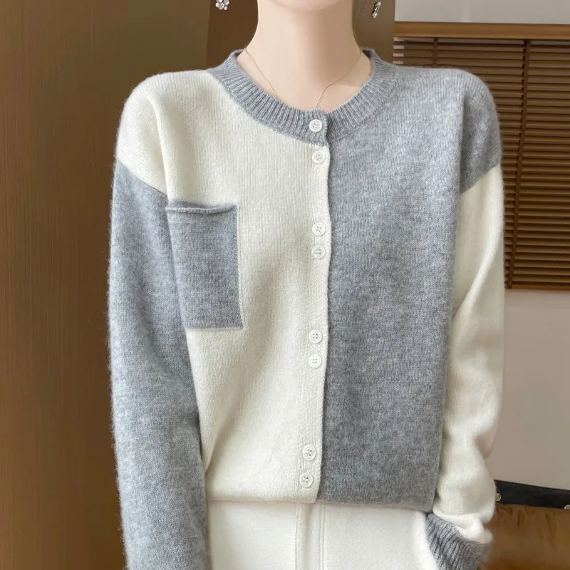 Autumn Winter New 100% Merino Wool Sweater Women\'s Clothing Round neck Knitted Cardigan Fashion Korean Color Blocked Jacket Tops