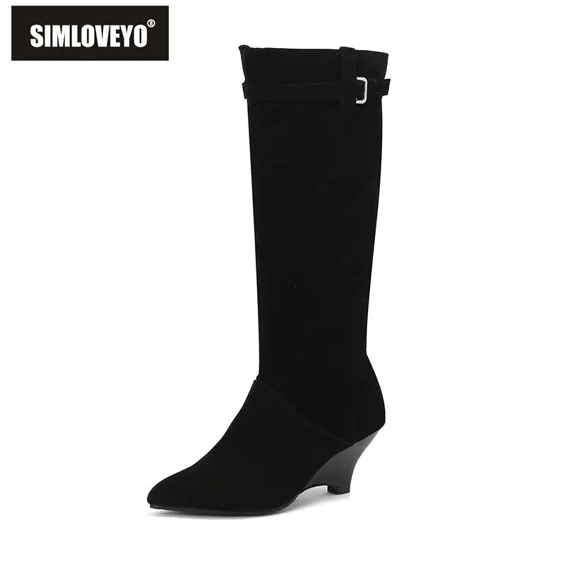 

SIMLOVEYO флоковые женские сапоги до колена с острым носком на каблуке 6 см 46 47 48 повседневные мужские ботинки