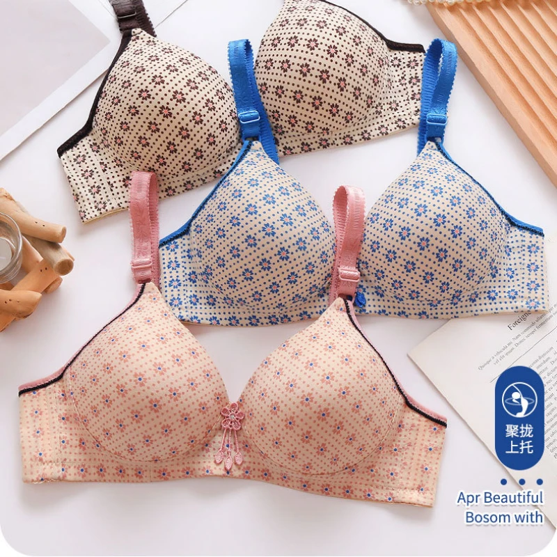 

Ladies Printed Bra Thin Section Underwear Women Comfortable Bras Without Steel Ring Back Three Rows of Buckle Brassiere Lingerie
