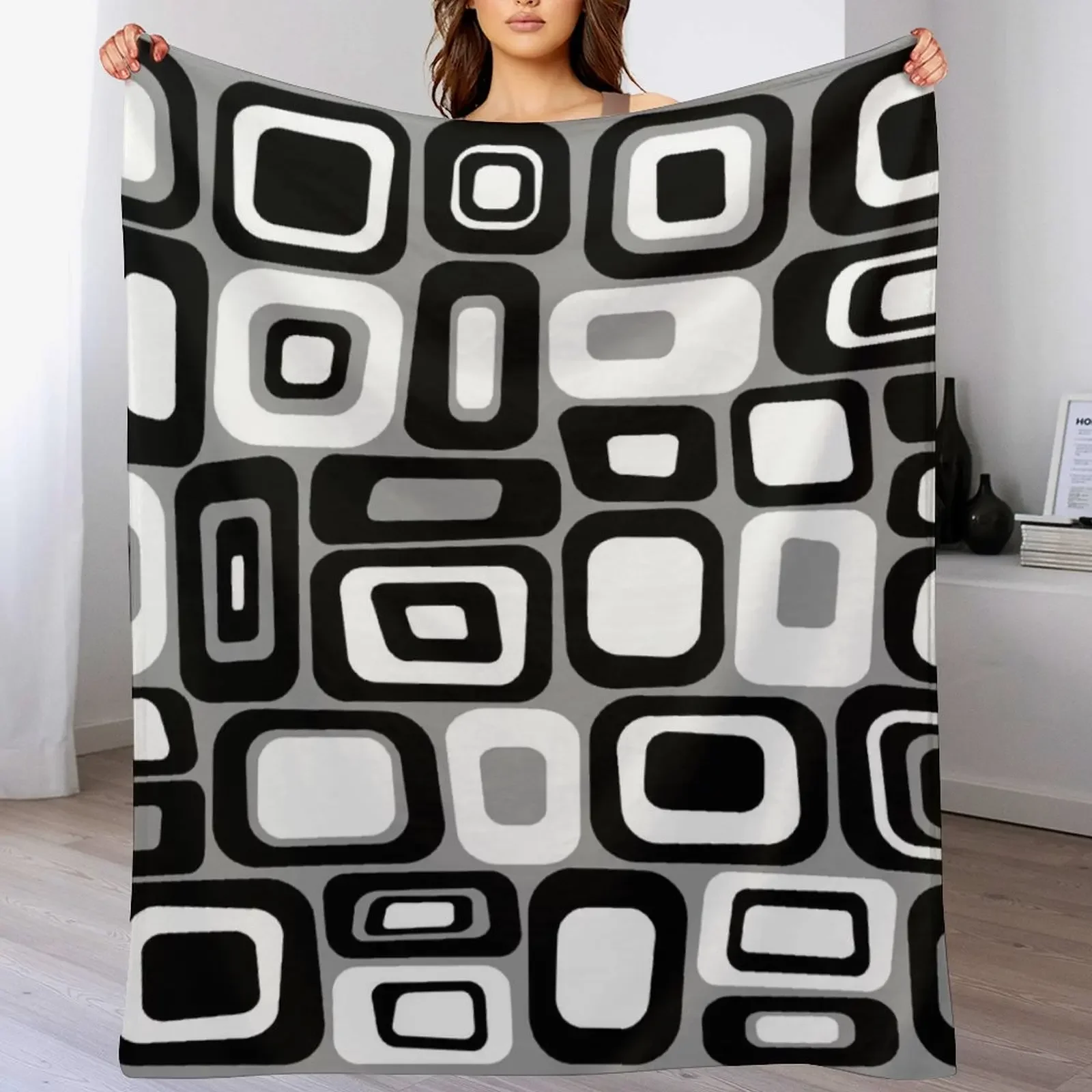 Gray, Black and White Modern Retro Geometric Mid Century Design Throw Blanket Quilt Decorative Throw Kid'S Heavy Blankets
