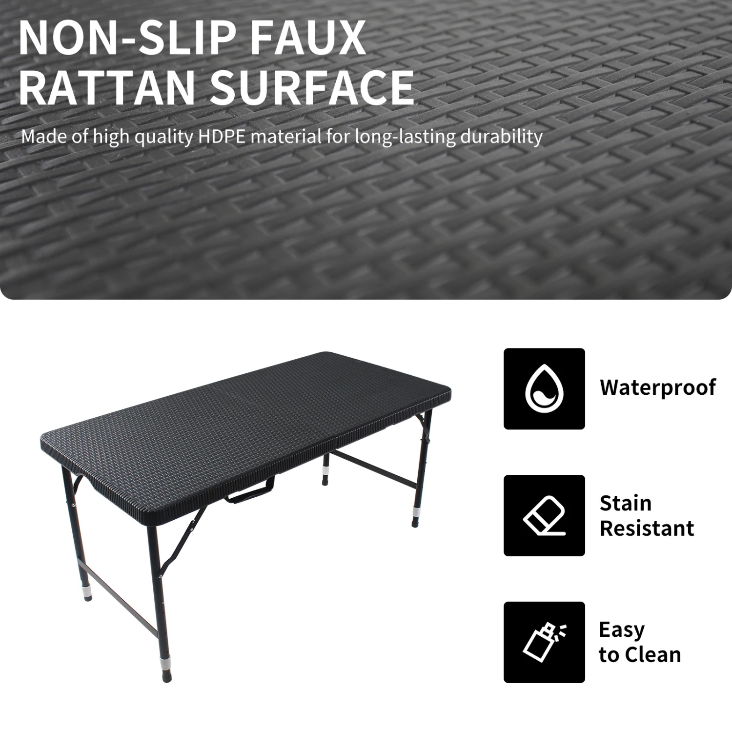 4ft Rattan Folding Table for Indoor&Outdoor, Portable Foldable Table Rattan Plaited Black