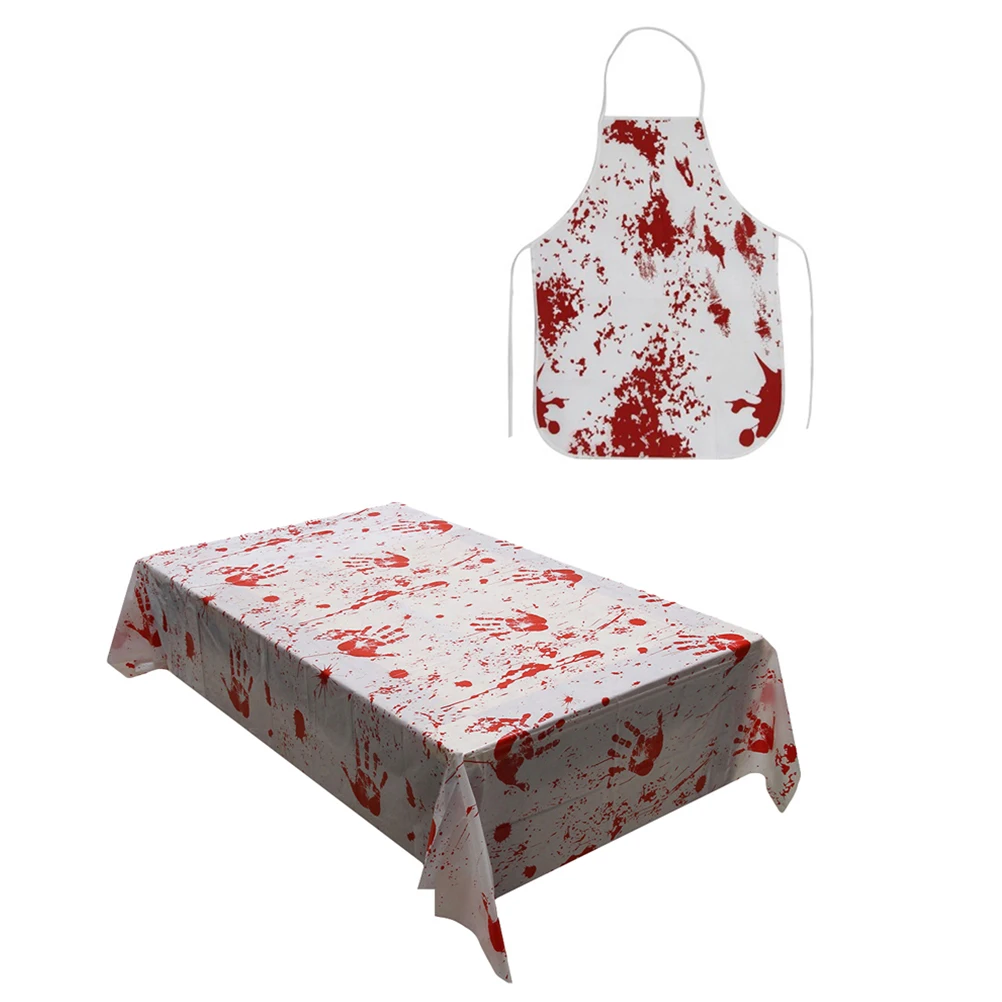

Creative Halloween Blood Handprint Tablecloth Apron Set Scary Party Decor For Home Haunted House Theme Club Bar Dinning Table
