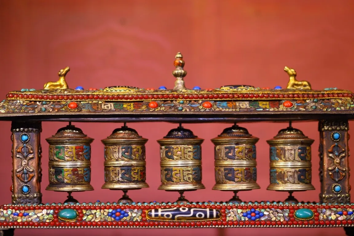 Bronze Painted Mosaic Gem gZi Beads Six Word Proverbs Five cylinder Prayer Wheel