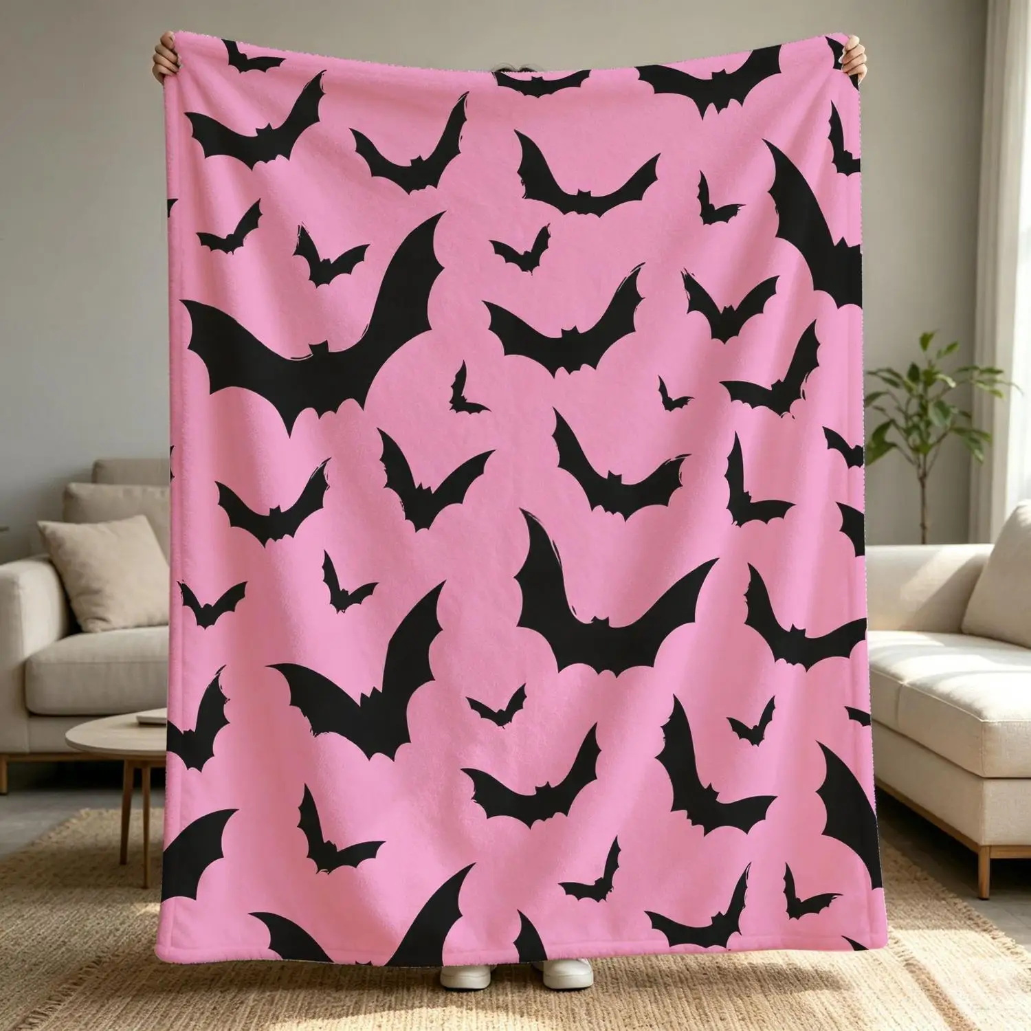 [Flannel Blanket] Pastel Gothic Bat Blanket, Avant-Garde and Cute Halloween Print, Comfortable Home Decor Blanket, Gift for Witchy Girls