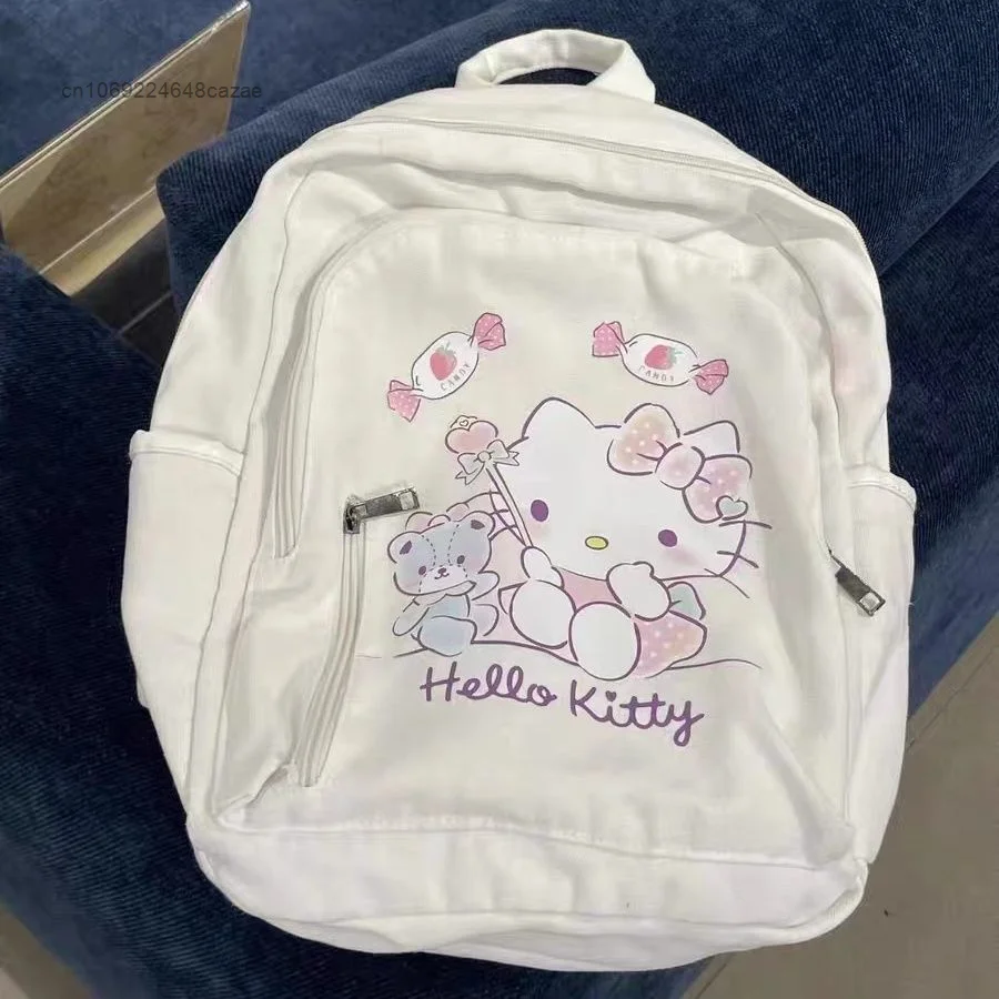 Sanrio Hello Kitty nowy plecak płócienny biały słodki nadruk kreskówkowy podwójne torby na ramię Y2k dziewczyna w stylu College Bag koreańska torba