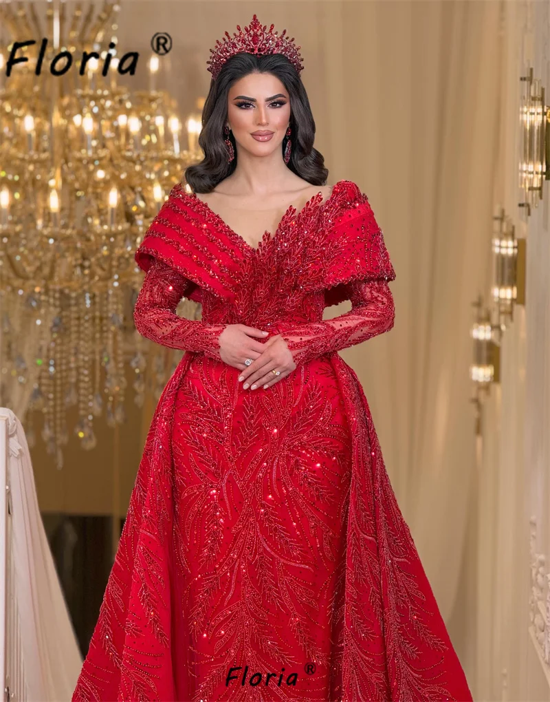 2026 New Red Arabic Evening Gown Off Shoulder Cape Collar Full Crystal Embroidery Detachable Overskirt Dubai Engagement Birthday