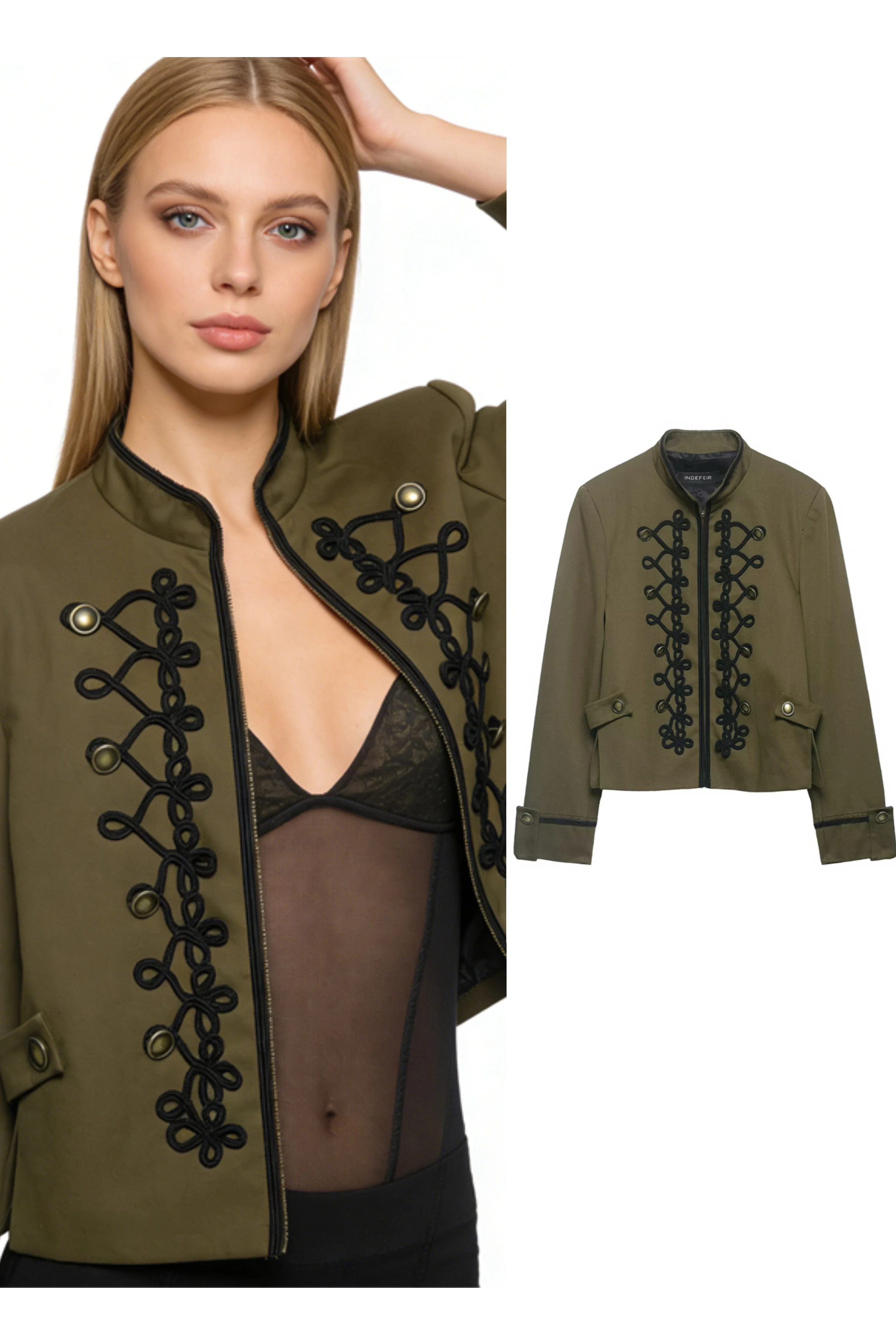 

Stand Collar Military Jacket Ornate Frog Closures Long Sleeve 2026 Spring Cropped Women Woven Coat Fashion Lady Blazer