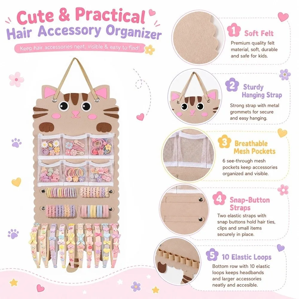 Mesh Pockets Felt Hair Clip Storage Bag Wall-mounted Cartoon Cat Hanging Headband Holder Large Capacity Classification