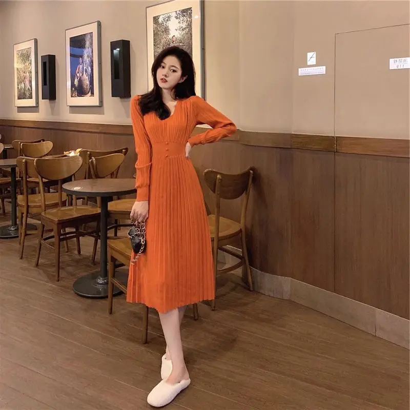 Solid Button V Neck Long Sleeve Sweater Dress Elegant Fashion Harajuku Slim Fit Female Clothes Loose Casual All Match Longuette