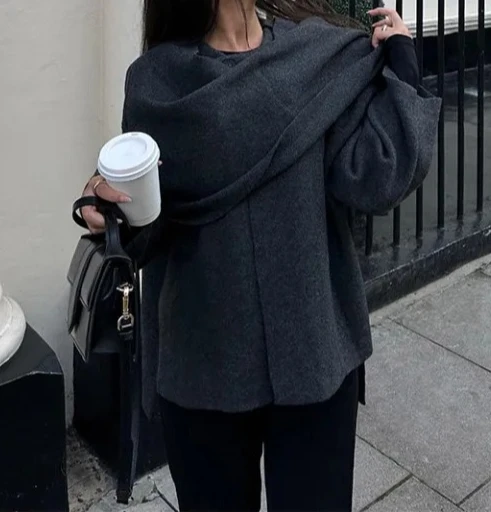 

2025 Winter Women‘s Asymmetric Knit Jacket - Scarf Collar Long Sleeve Coat, Streetwear Casual Outerwear