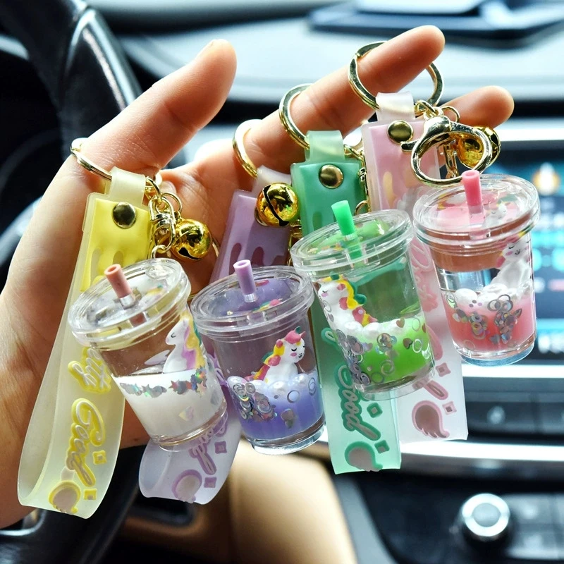 Cartoon Cute Unicorn Keychain Milk Tea Cup Liquid Quicksand Sequin Keyring Charm Bag Car Pendant Key Chain for Women Men Kids
