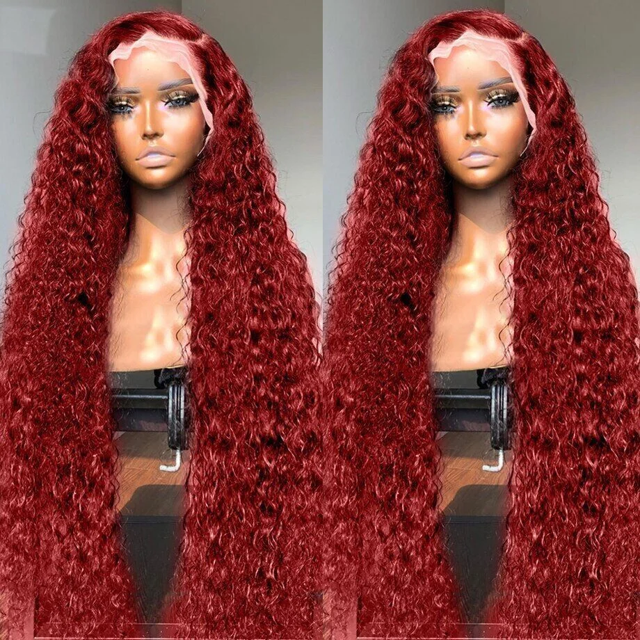 13x4 Deep Wave Frontal Wig 13x6 HD Lace Frontal Human Hair Wigs Colored 30 34 Inch Red Burgundy Curly Lace Front Human Hair Wigs