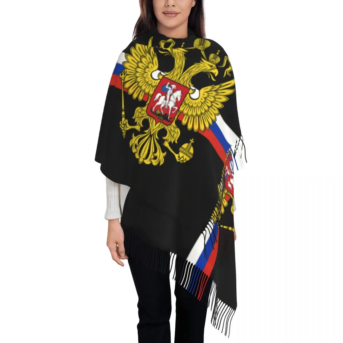 

Coat Of Arms Of Russia Scarf Wrap Women Long Winter Warm Tassel Shawl Unisex Russian Flag Scarves