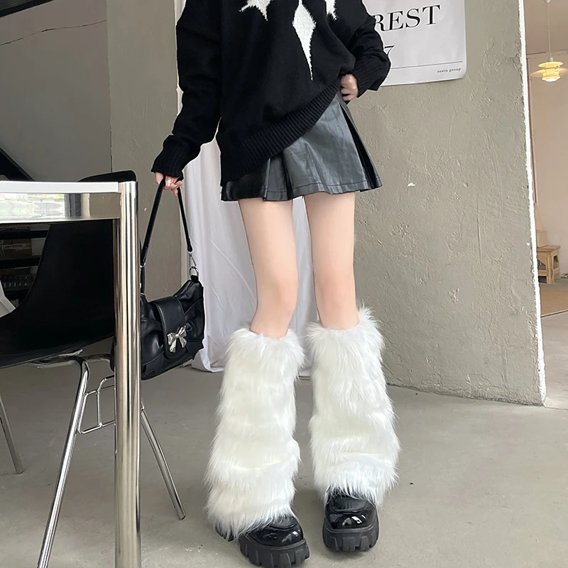 1 Paar weiße Kunstpelz-Beinlinge, Stiefelüberzüge, Y2K, Goth, solide Beinsocken, Punk, knielang, modische warme Socken