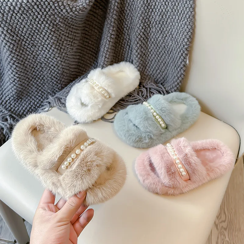 Children's Fur Slippers Open Toe Plush Girls Shoes Fashion Pearl Solid Kids Shoes Soft Non Slip Home Slippers Warm Flip Flops