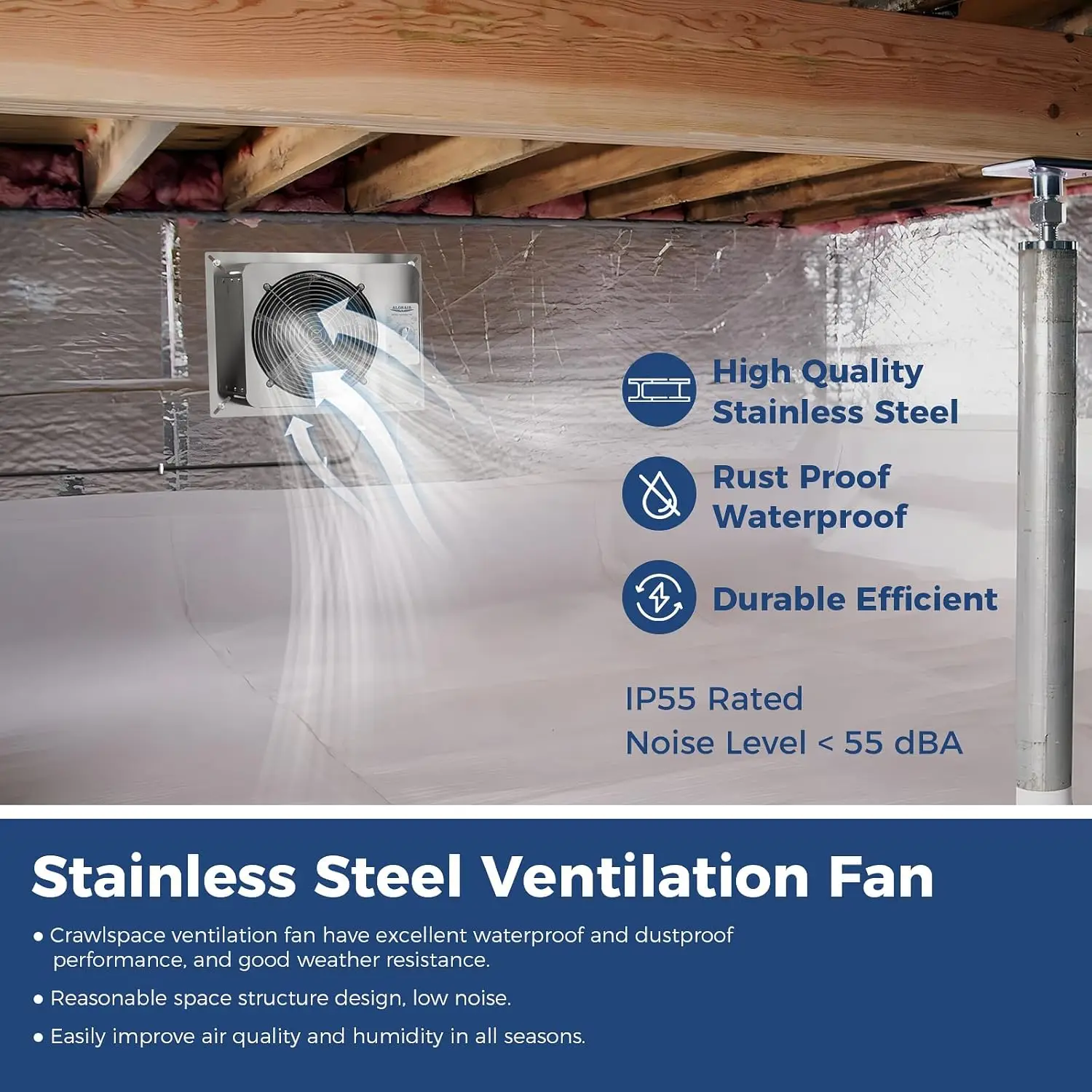 Ventilation Fan with Humidistat, IP55 Rated Basement Stainless Steel Exhaust Fan, Built-In Isolation Net 9.13 Inch Foundation Ve