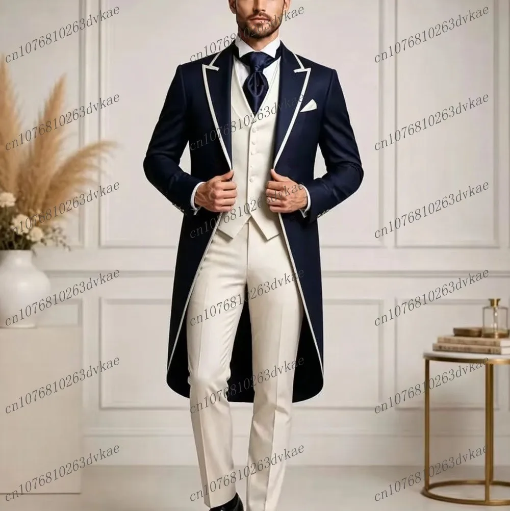 

Long Whit And Navy Blue Business Men Suit Wedding Party Prom Groom Formal Occasions Tuxedos 3 Piece Set Jacket Vest Pantsl
